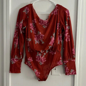 Free People Red Floral Long Sleeve Bodysuit